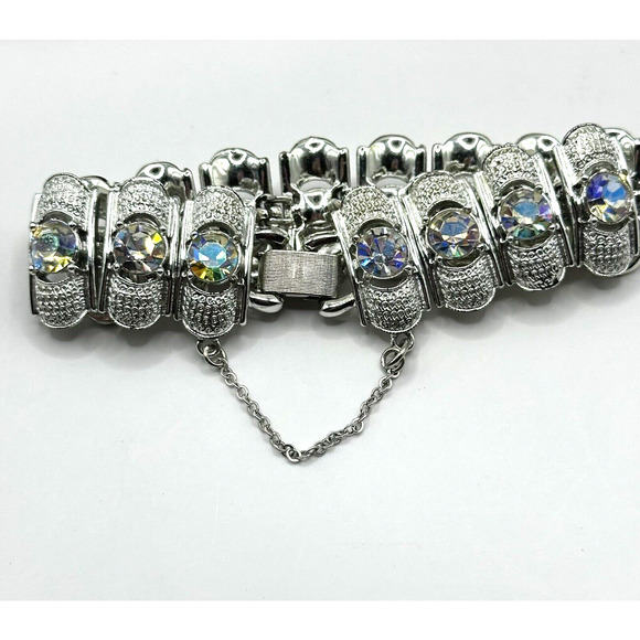 Coro Pegasus Bracelet Aurora Borealis Crystal Rhinestone Silver Tone Link VTG - Picture 1 of 6